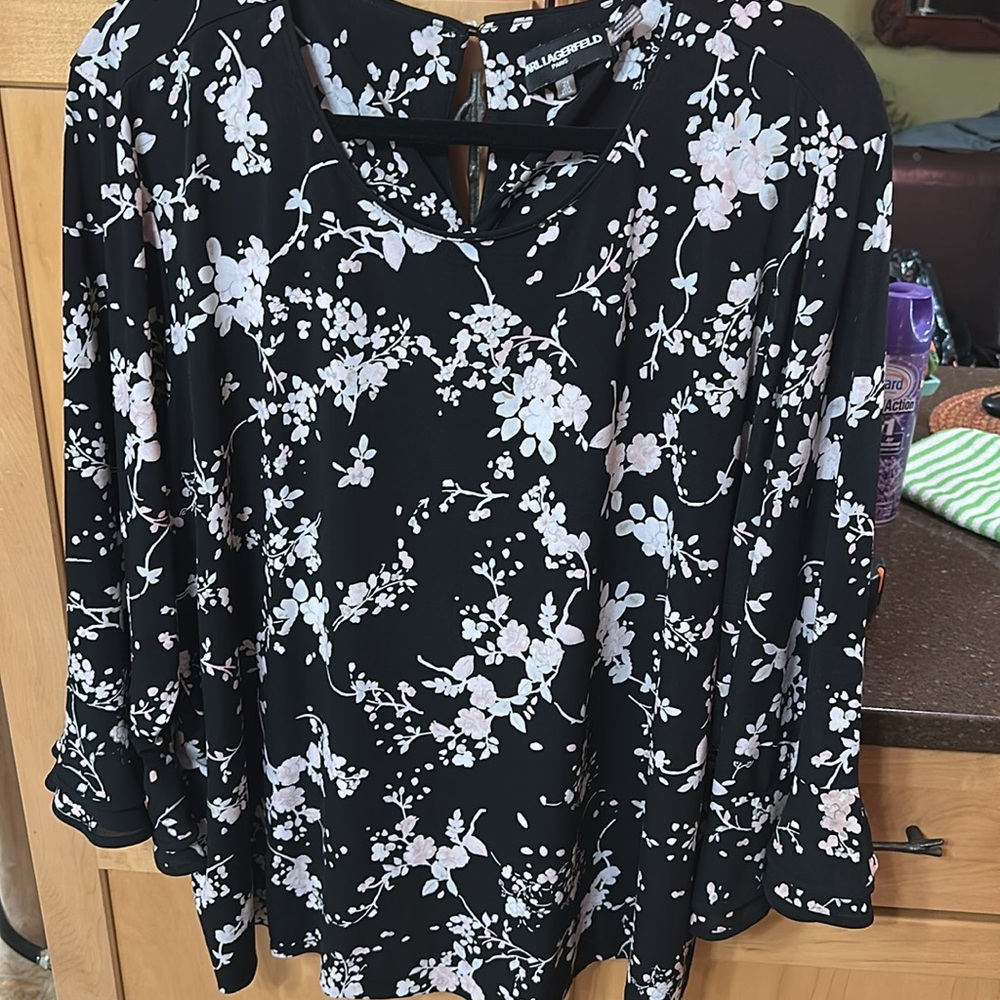 Karl Lagerfeld Black and White 3/4 Sleeve Wrap Blouse